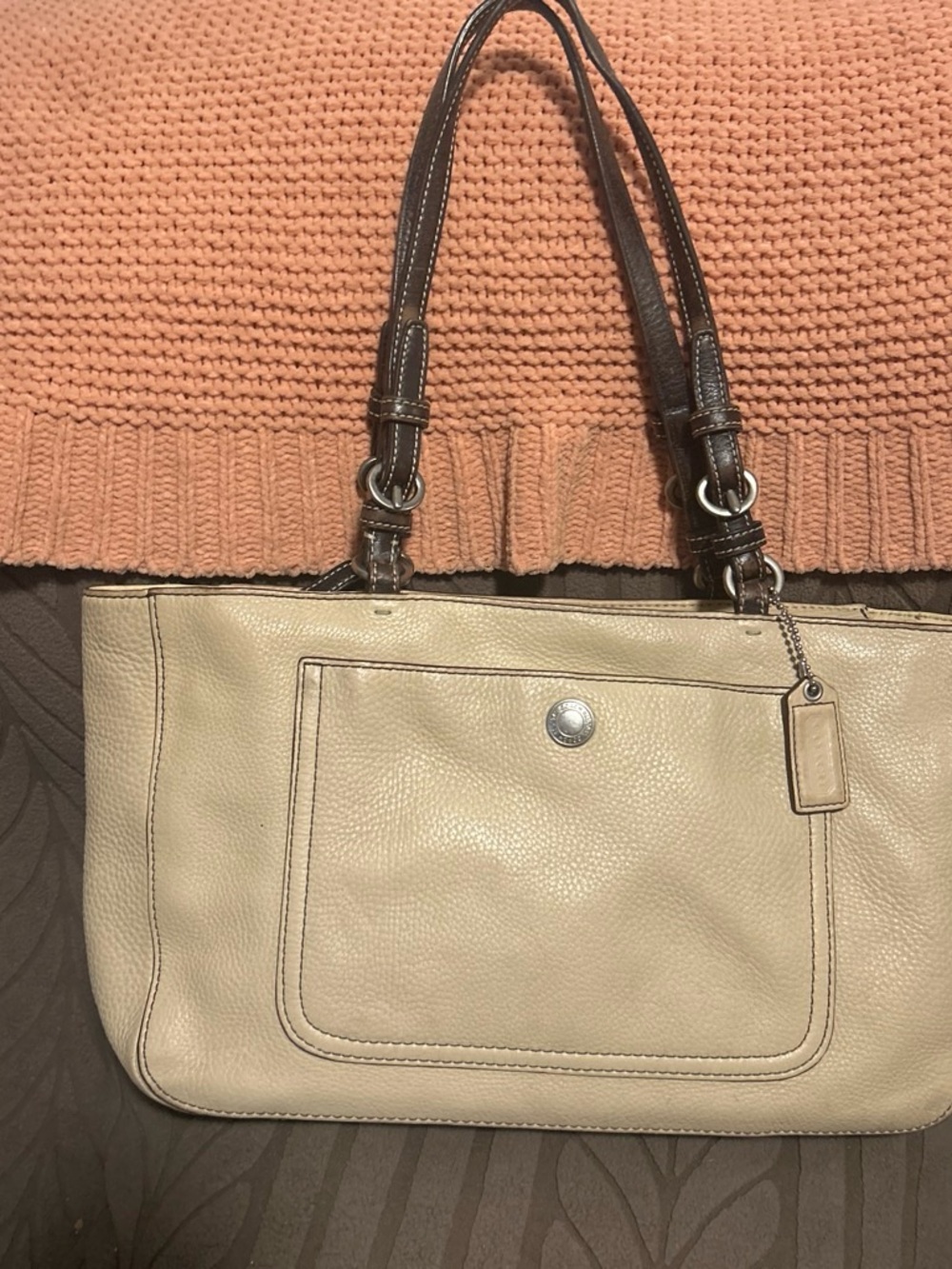Coach Cream Leather Tote with Dark Brown Handles